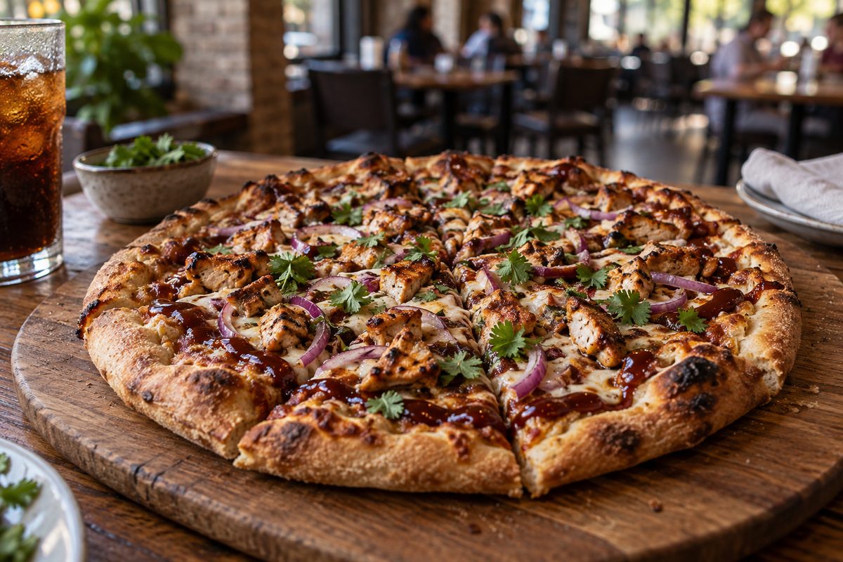 Barbecue chicken deck pizza topped with roasted chicken and red onions