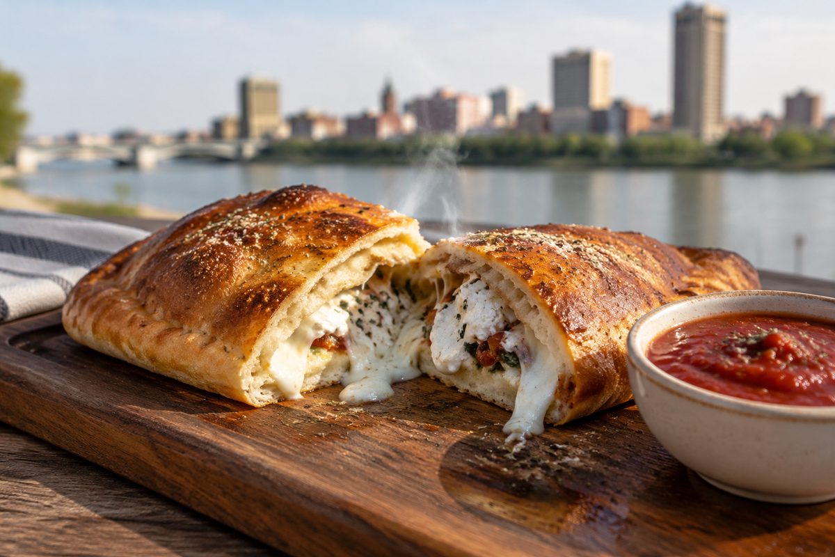 Golden-brown baked calzone sliced open revealing melted ricotta and Italian sausage