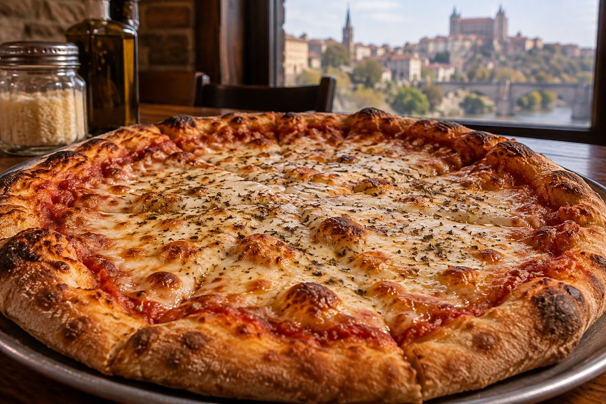 Freshly baked whole-milk mozzarella cheese pizza with blistered golden crust