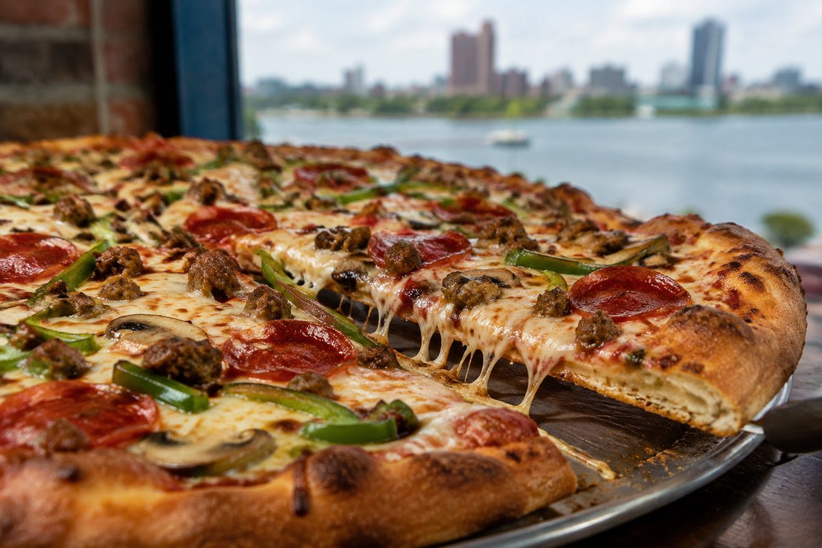 Loaded deluxe pizza with Italian sausage, green peppers, mushrooms, and pepperoni