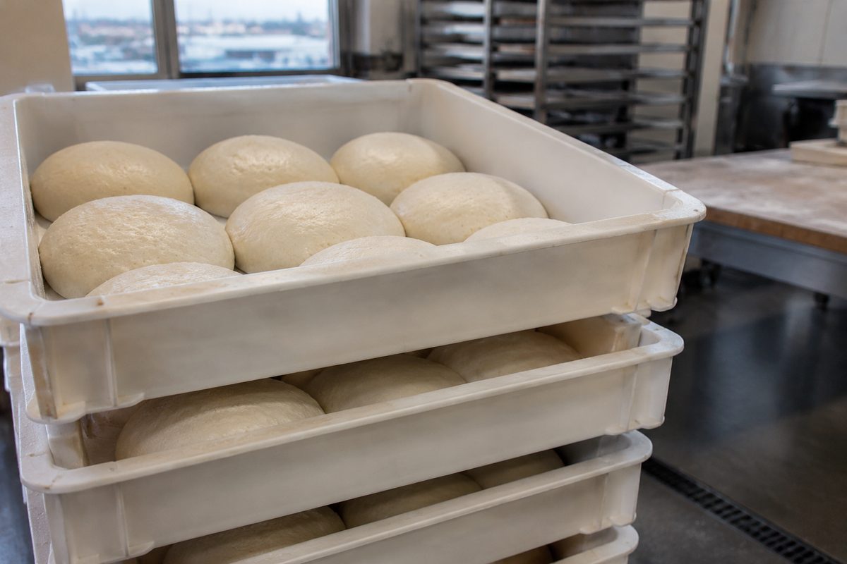 Scratch pizza dough balls resting and fermenting in dough proofing tubs
