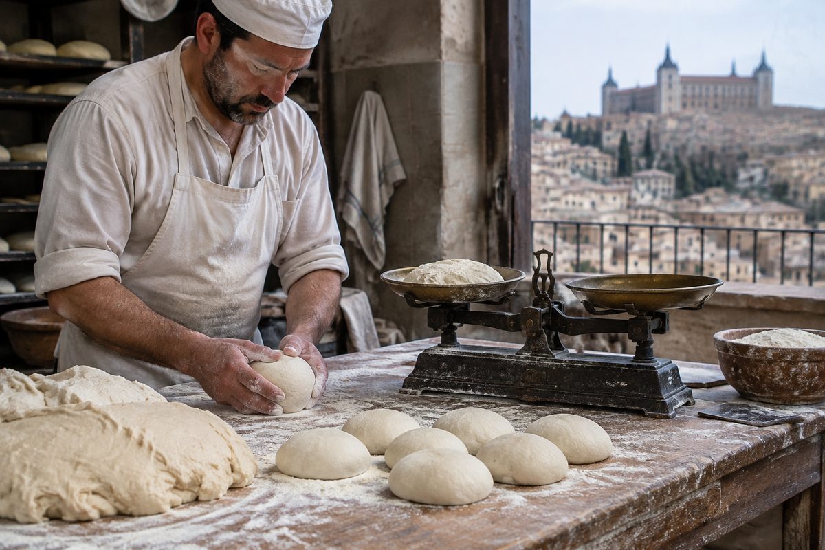 Baker weighing and portioning scratch dough balls on a kitchen scale