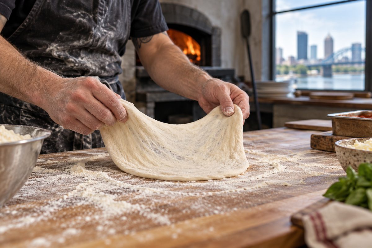 Hand-stretching scratch pizza dough on a floured wooden work table