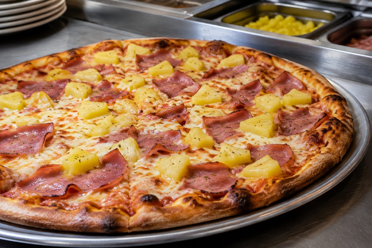 Hawaiian pizza baked with smoked ham slices and sweet pineapple chunks