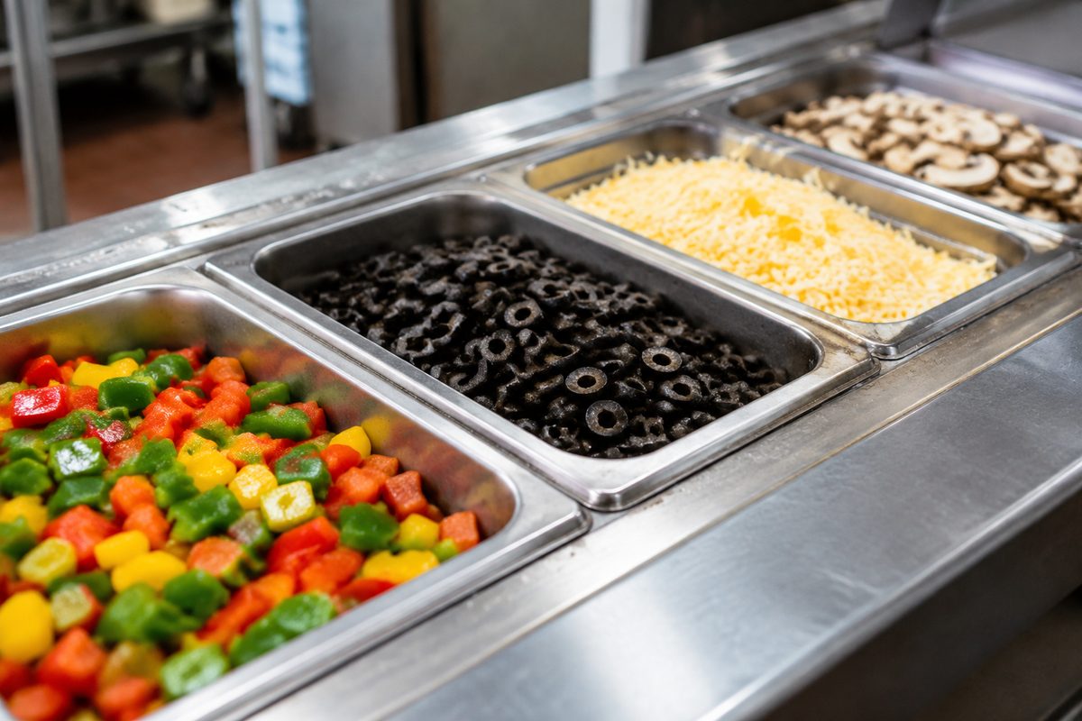 Refrigerated pizza prep line holding fresh chopped vegetables and shredded mozzarella
