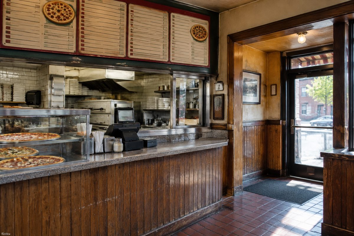 Original Gino's Pizza carryout counter and order window on Monroe Street in Toledo