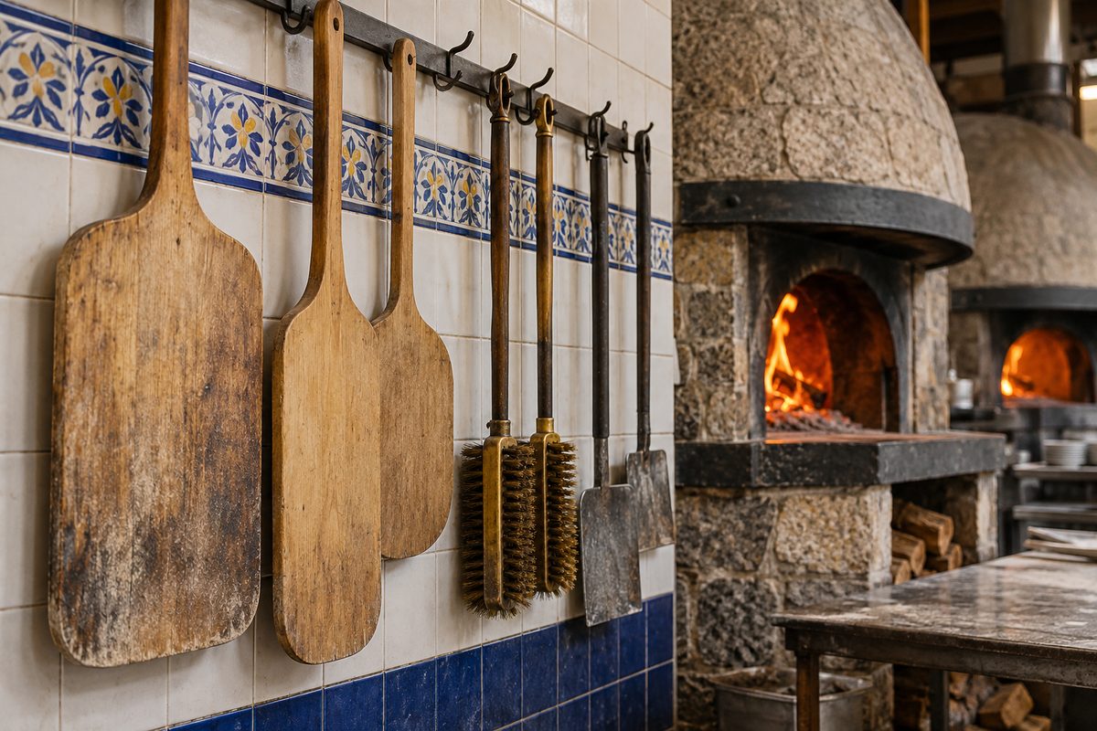 Wooden pizza peels and stone deck oven cleaning brushes on kitchen tool rack
