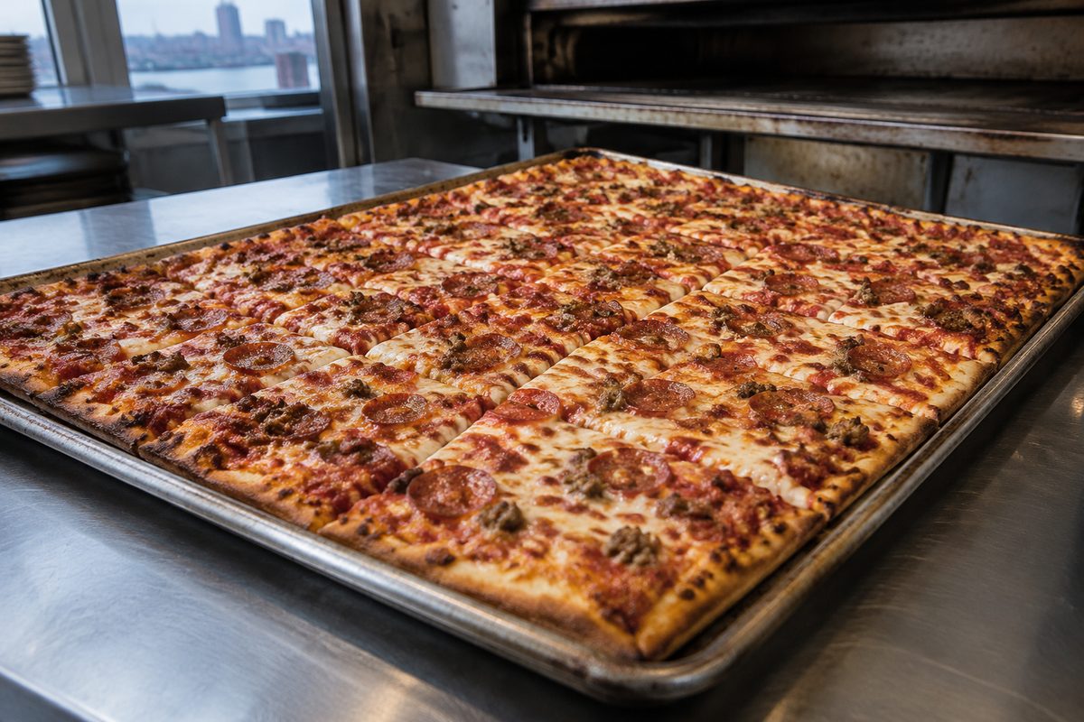 Full sheet catering party pizza sliced for family and event gatherings