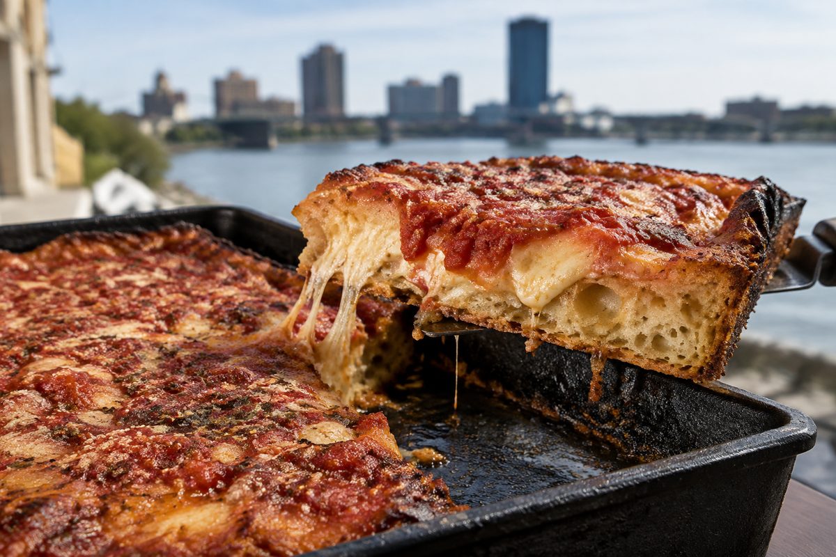 Square slice of thick Sicilian deep dish pizza with caramelized cheese crust edge