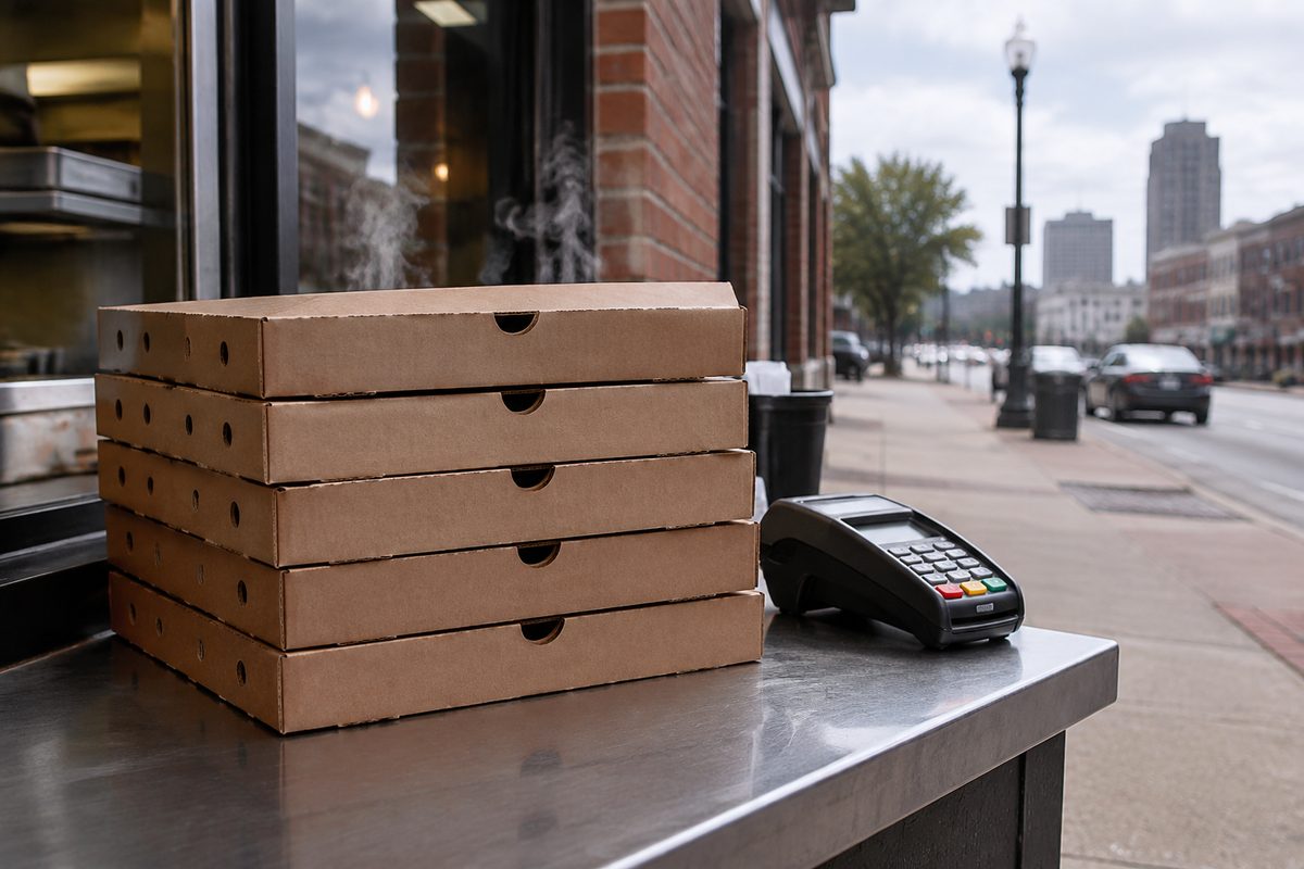 Corrugated takeout pizza boxes staged at the Monroe Street pickup counter