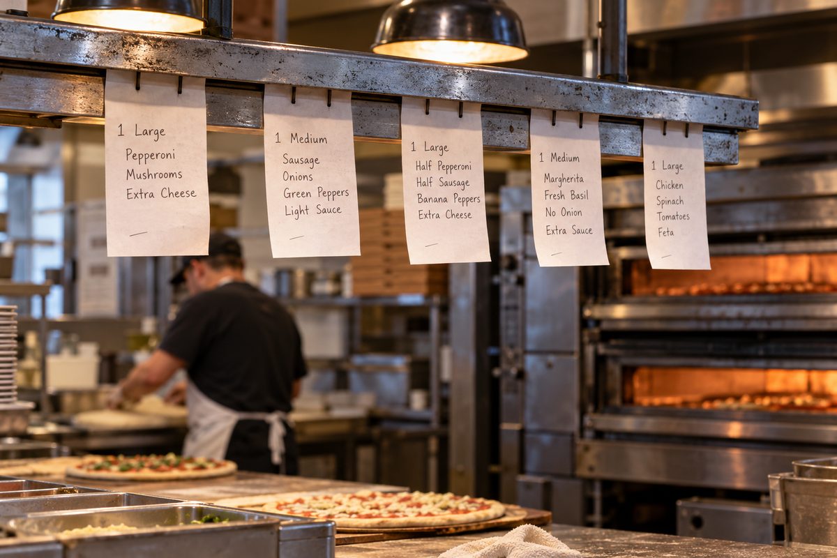 Kitchen ticket order rail tracking deck pizza baking times and custom toppings