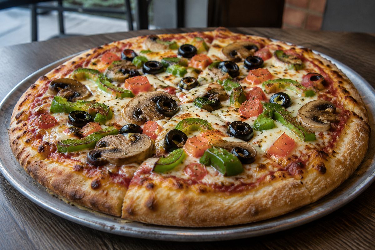 Garden vegetable pizza topped with fresh bell peppers, mushrooms, and black olives