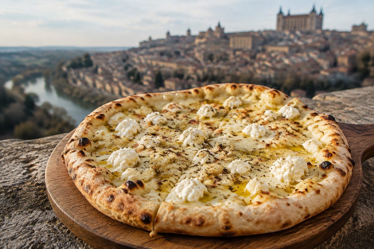 White garlic pizza with creamy ricotta dollops and melted mozzarella